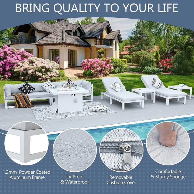 RADIATA 9 Pieces Aluminum Patio Furniture Set with Fire Pit Table, Modern Outdoor Sectional Sofa, Large Conversation Seat with Thick Cushion for Garden Backyard Deck Porch (White)