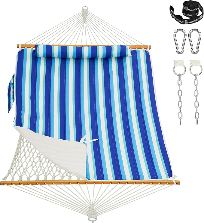 Lazy Daze Hammocks Rope Hammock with Pad, Spreader Bar, Carabiners, Tree Straps, Chains for Outside Patio- Max 450 Lbs, Ocean Stripes