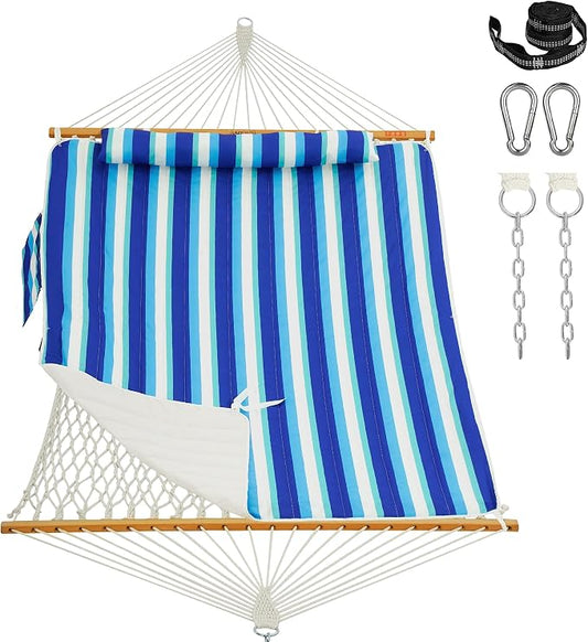 Lazy Daze Hammocks Rope Hammock with Pad, Spreader Bar, Carabiners, Tree Straps, Chains for Outside Patio- Max 450 Lbs, Ocean Stripes