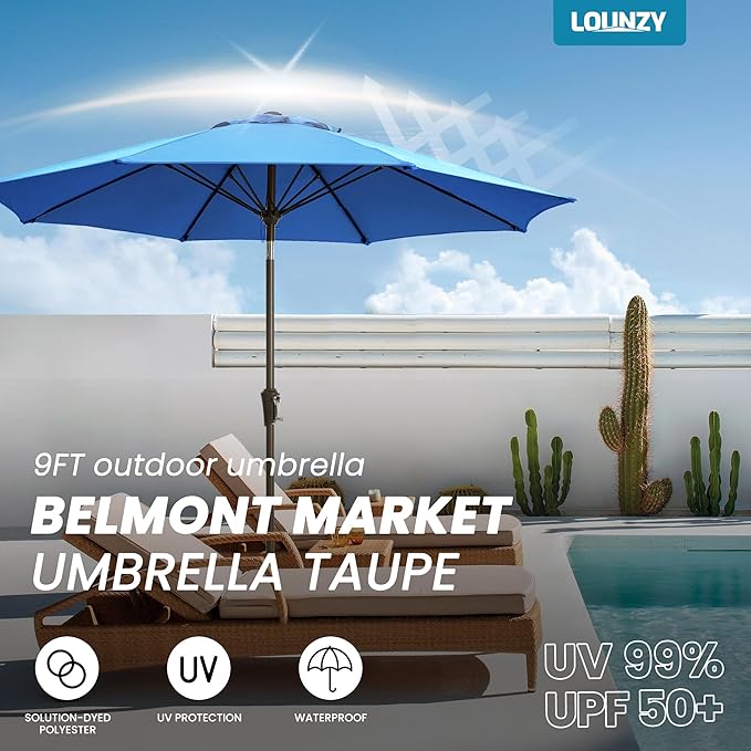LOUNZY 9FT Large Outdoor Patio Umbrella Table Umbrella-UV Resistant,Easy Push Button Tilt and Crank,8 Sturdy Fiberglass Ribs Pool Umbrella for Patio,Backyard,Deck,Yard,Market