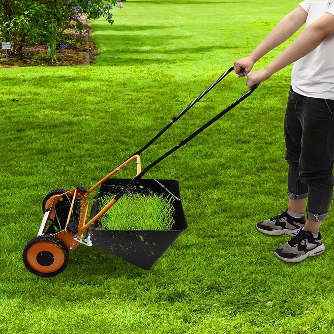 Manual Push Lawn Mower with Grass Catcher, Adjustable Cutting Height, 2 Wheels, Eco-Friendly for Home Gardens Backyards Lawns & Small Yards (14, Inches)