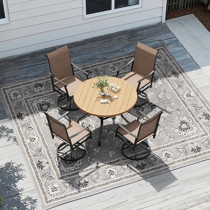 Soohow Patio Dining Set for 4, 5-Piece Round Outdoor Dining Set 4 x Swivel Patio Chairs and 41" Round Outdoor Dining Table with 1.57" Umbrella Hole, Wood-Like, for Poolside, Backyard