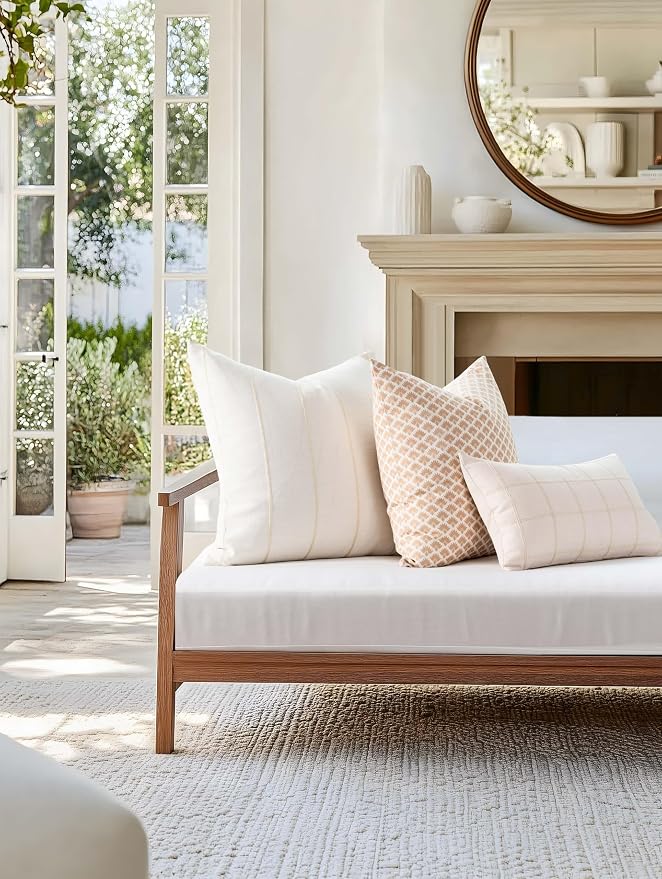Modern Farmhouse Fall Linen Indoor Outdoor Throw Pillow Cover Only, 20"x20" Water Repellent for Patio, Backyard, Couch, Ivory Cream Ravenala Palm Tree