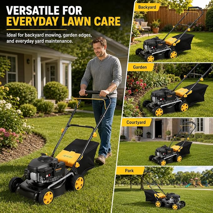 16-Inch Gas Lawn Mower, Push Walk-Behind Lawn Mower with 132cc 4-Stroke Air-Cooled Engine, 8-Position Height Adjustment, 45L Grass Bag, Black Yellow (MAX)