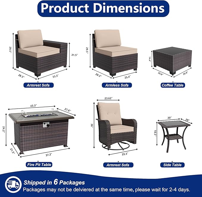 10 Pieces Patio Furniture Set with 2 Swivel Chairs Patio Furniture Outdoor Sectional Sofas with 55000 Gas Fire Pit Patio Conversation Set w/7 Cushions-Brown