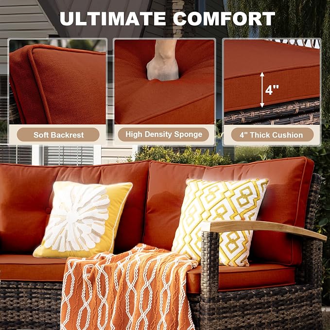 MEISSALIVVE 9-Piece Half-Moon Curved Outdoor Patio Furniture Set, Sectional Conversation Sofa with 2 Swivel Glider Chairs, Coffee & Side Tables for Backyard Deck Garden, Red