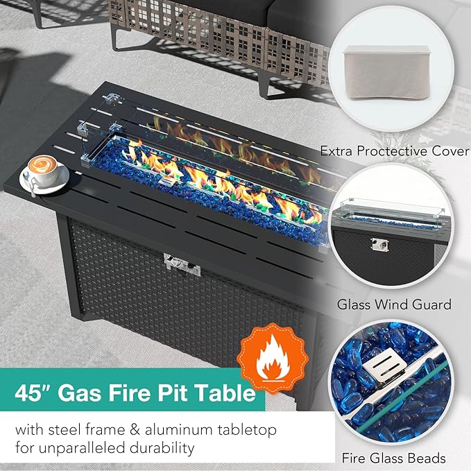 Patiorama 8 Piece Wicker Patio Furniture Set with 45” Fire Pit Table, Metal-Colored PE Rattan Outdoor Sectional Sofa, 50000 BTU Propane Fire Pit w/Wind Guard,Cover,Water Resistant Cushion-Black