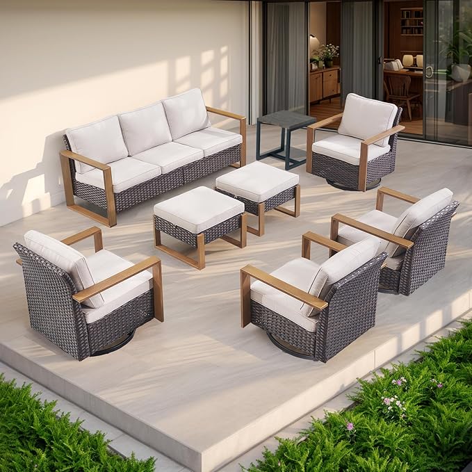 Rilyson Outdoor Wicker Patio Furniture Set - 5 Piece Patio Conversation Set with 2 Wicker Swivel Rocker Chairs,2 Ottoman, 1 Side Table, Thick Cushions, Deep Seating, Wide Armrest(Brown/Beige)