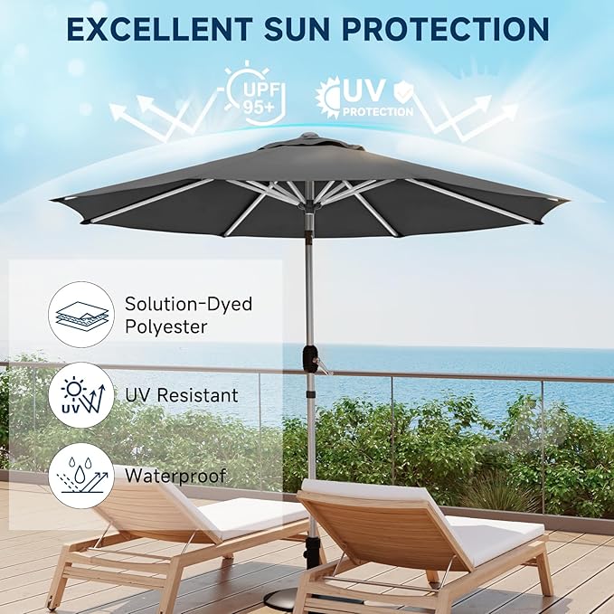 10FT Aluminum Outdoor Patio Umbrella, Fade-Resistant Market Umbrella with Push Button Tilt Function, 8 Sturdy All-Aluminum Ribs for Gardens, Patios, Backyards & Pools