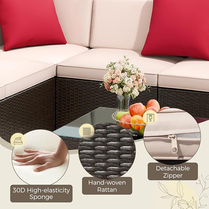 Flamaker 7 Pieces Patio Furniture Set with Fire Pit Table Outdoor Sectional Patio Sofa Furniture Set with Gas Fire Pit and Coffee Table & Ottoman Cushion Pillows, Beige