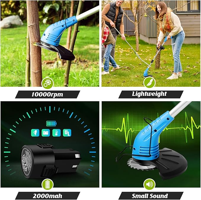 Lipoliftco Weed Wacker Cordless, 12V Battery Powered Lawn Edger, Grass Cutter with 2 * 2000mah Rechargeable Batteries and 3 Types of Blades, Lightweight Electric Mower for Garden and Yard Lawn