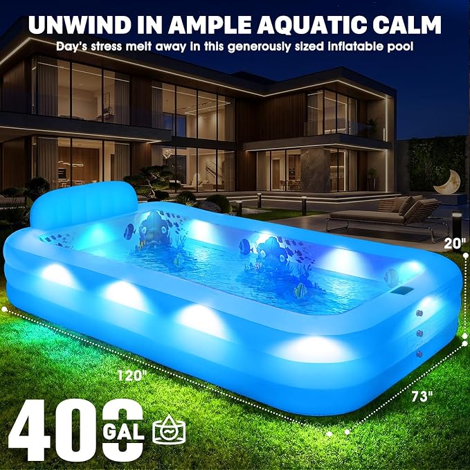 Extra Large Inflatable Pool with Lights,Upgraded Solar Powered Blow Up Pool for Adults,Inflatable Kids Swimming Pool with Seat& Backrest,Big Inflatable Kids Pool for Backyard,120x73x20IN-Blue