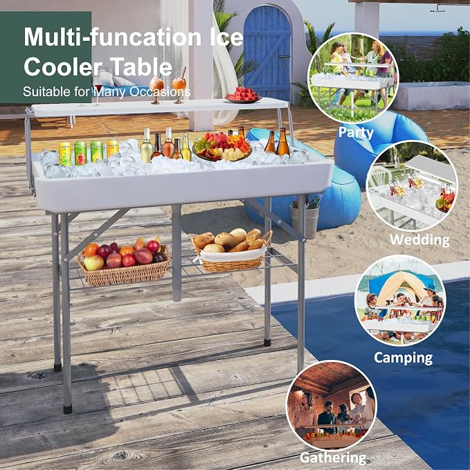 2 Tiers 4 Foot Ice Cooler Table, Folding Tailgate Camp Fishing Cleaning with Matching Skirt & Drain Hose, Plastic Ice Table for Party, BBQ, Camping, Picnic, Barbecues to Keep Drinks Cool, White