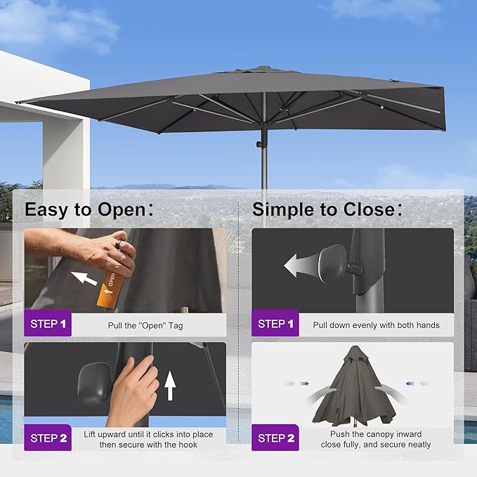 PURPLE LEAF 11 X 11 FT Commercial Square Patio Market Table Sun Umbrella Heavy Duty Semi-Auto Open Reinforced Aluminum Frame for Hotel Restaurant Cafe Poolside Outdoor Dining Garden Business Use Grey