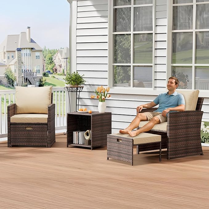 5-Piece High Back Patio Conversation Set with 2 Ottomans and Table, All-Weather PE Rattan Lounge Chairs with Soft Cushions, Perfect for Balcony, Porch, Garden, and Poolside Relaxation
