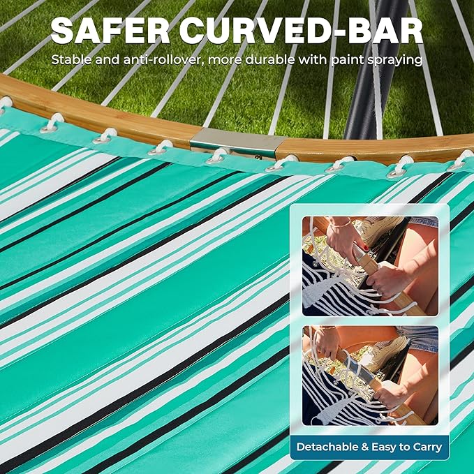SUPERJARE Hammock with Stand, 2 Person Heavy Duty Hammock with Padded Cotton, Detachable Pillow & Strong Curved-Bar & Portable Carrying Bag, Perfect for Outdoor & Indoor, Mint Green with Stripes