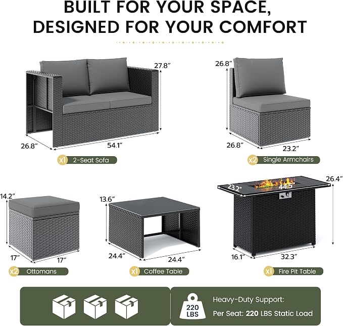 Amopatio 7 Pieces Patio Furniture Set with Fire Pit Table, All-Weather Wicker Outdoor Conversation Sofa Set with Glass Coffee Table, Cushions & Ottomans for Deck Backyard Porch Lawn Black/Dark Grey