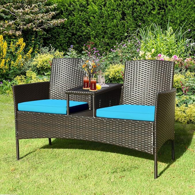 Outdoor Love Seat, Wicker Patio Furniture Set Rattan Bench with Cushion & Built-in Plastic Table, Outdoor Conversation Set for Garden, Lawn, Backyard (Red)