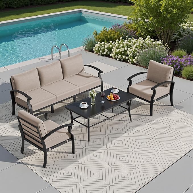 Kullavik Aluminum Patio Furniture Set with Rectangular Coffee Table,5-seat Metal Outdoor Sectional Furniture w/5.1" Cushions,Patio Conversation Sets for Garden,Backyard,Porch-Sand