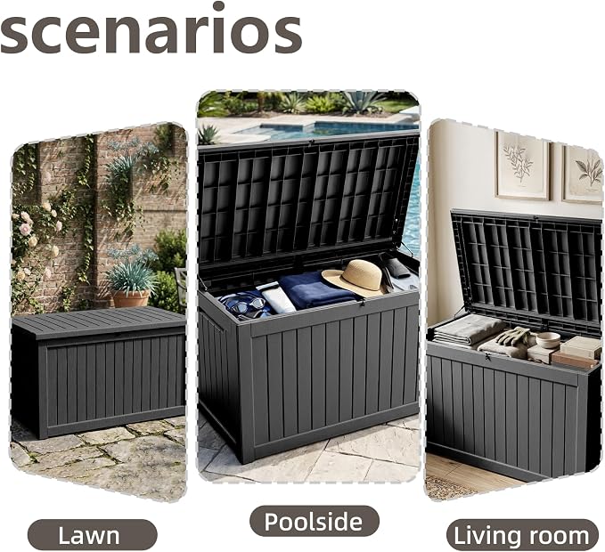 260 Gallon Outdoor Deck Storage Box, Heavy Duty All Weather Vertical Wood Grain Lockable Storage Container for Backyard, Poolside & Large Patio Outdoor Supplies (Black,260GAL)