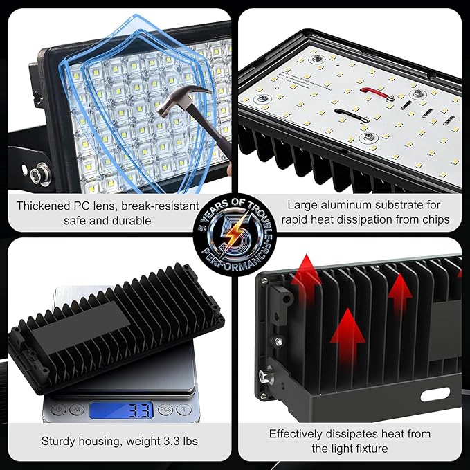Kekeou 100W LED Flood Light Outdoor, 14000 Lumens, 85V–305V AC, 6500K Daylight, IP67 Waterproof, for Stadium, Parking Lot, Boat & Sports Fields, Generator Powered, 5-Year Protection