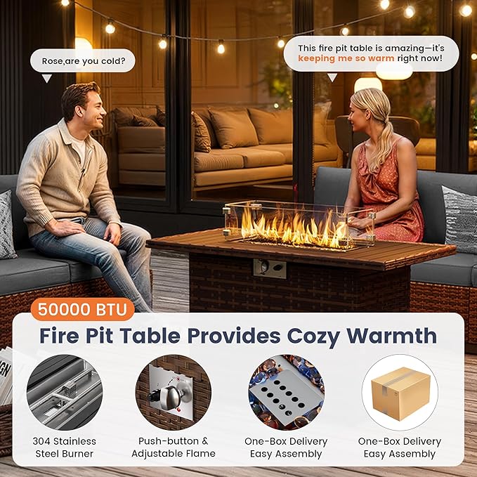UDPATIO Furniture Set with Fire Pit Table, 8 Piece Sectional Sofas, All-Weather Wicker Conversation for Garden, Backyard, Dark Grey