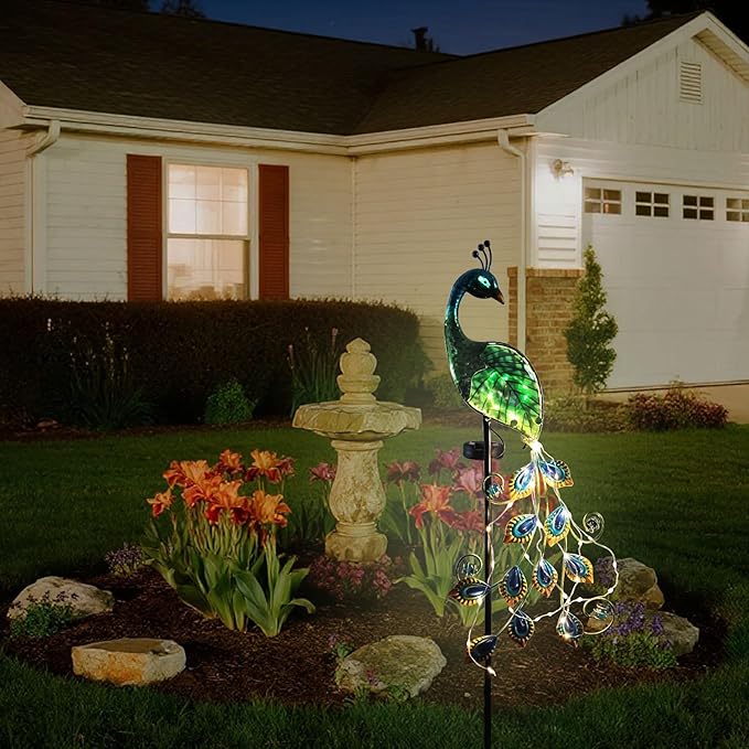 Solar Peacock Garden Stake Lights Outdoor, Waterproof Metal Glass Decorative Landscape Path Lights with Thick Stake Glow in The Dark Eye for Pathway Patio Lawn Yard