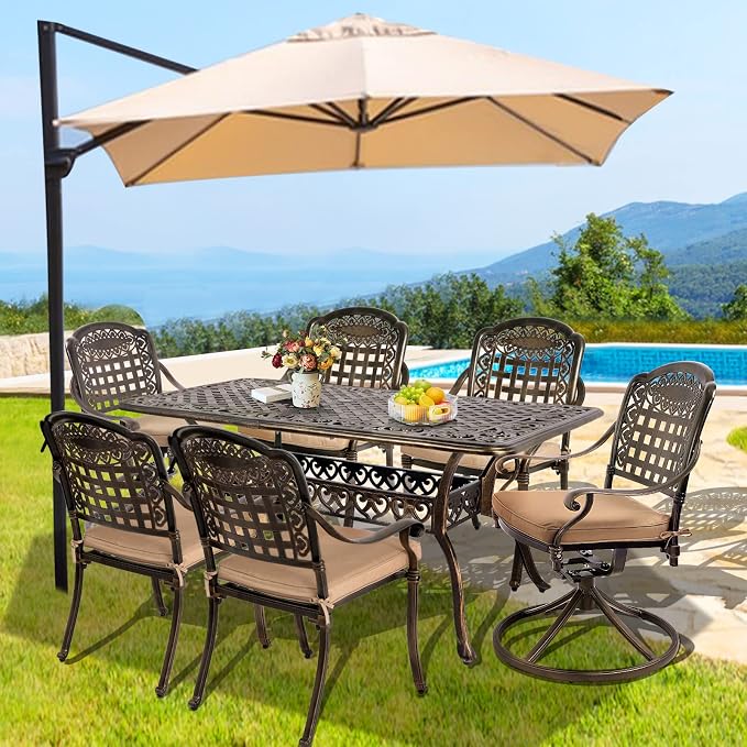TITIMO 7-Piece Cast Aluminum Patio Dining Set, Outdoor Dining Furniture Patio Conversation Set, Rectangular Table w/Umbrella Hole for Backyard Deck (Khaki-Fixed Grid Chair+Swivel Grid Chair, 7 Pcs)
