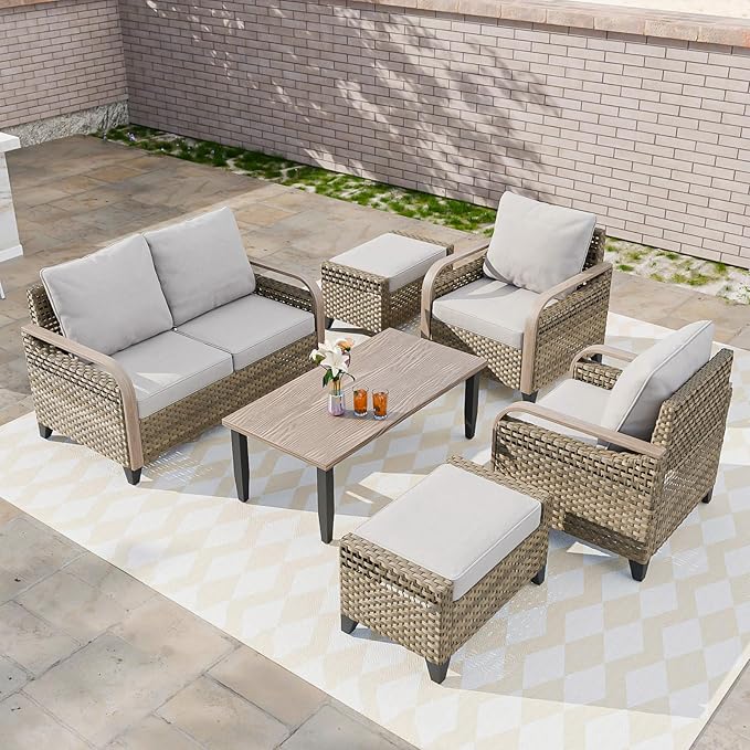 COOS BAY Modern Wicker Outdoor Furniture Set, 6 Piece Patio Conversation Set with 2 Patio Chairs, a 3 Seat Couch, 2 Ottomans and Coffee Table, 6 Piece, Brown/Gray