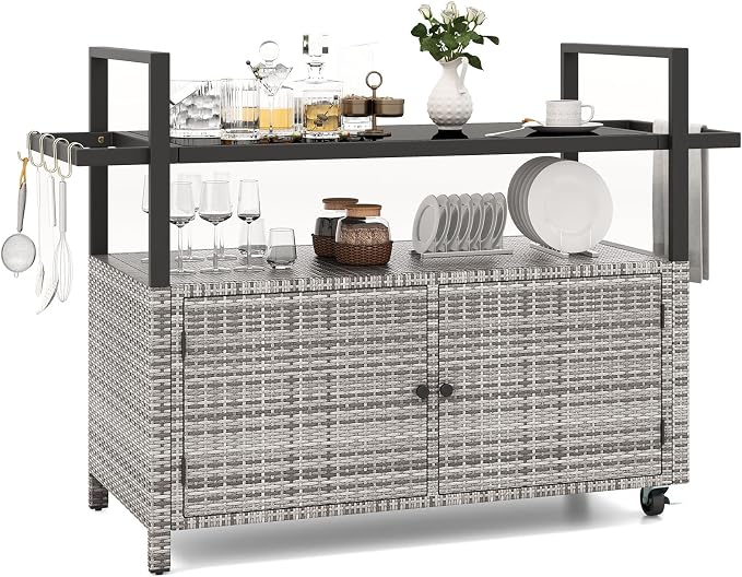 Tangkula Outdoor Bar Cart, Patiojoy Rolling Wicker Buffet Serving Cart with Tempered Glass Top, Storage Cabinet & 8 Hooks, Kitchen Island Cart on Wheels for Porch Backyard Garden Poolside (Mix Grey)