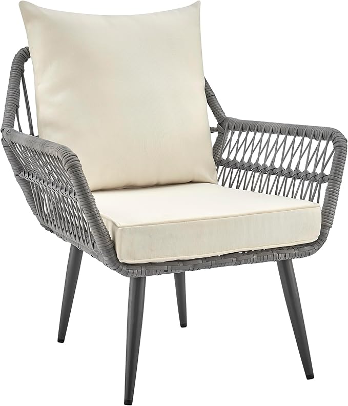 Manhattan Comfort Cannes 3-Piece Patio Conversation Set, Outdoor Furniture | Includes Modern Cushioned Rope Wicker Chairs & End Table, Removable & Washable Cushions, Tempered Glass Tabletop, Cream