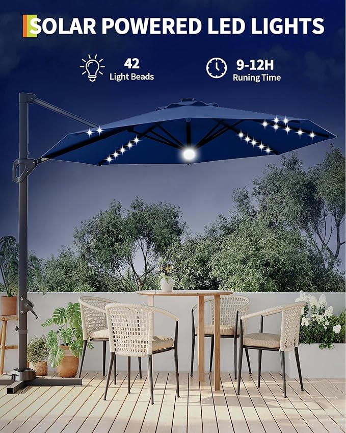 GarveeLife 10FT Patio Umbrella Outdoor Solar LED Large Cantilever Umbrella Market Sun Shade Windproof Offset Umbrella with 360-Degree Rotation for Garden Deck Pool Patio