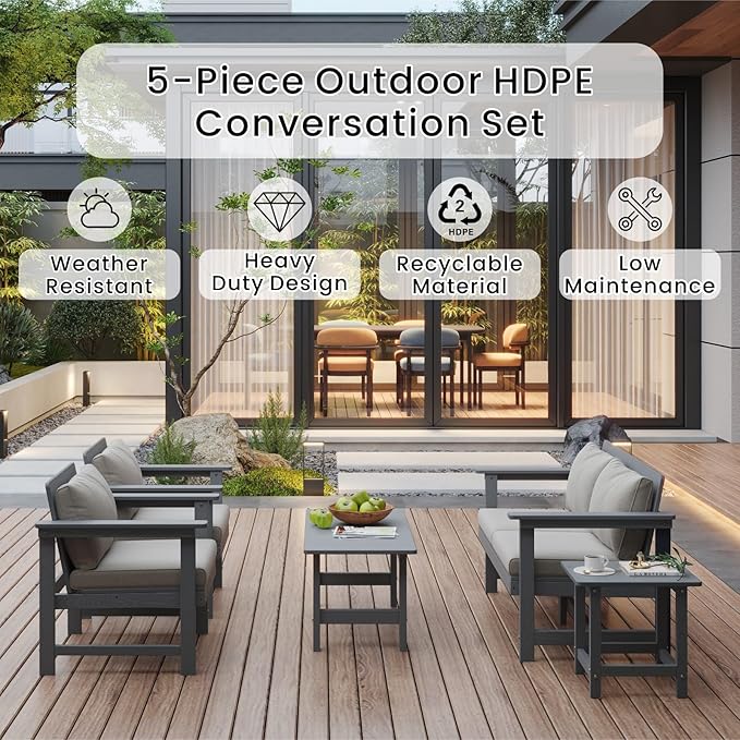5-Piece Patio Conversation Sets, Weatherproof HDPE Sectional Furniture Set with Cushions, Outdoor Sofa Set for for Porch, Balcony, Deck, Lawn (Grey)