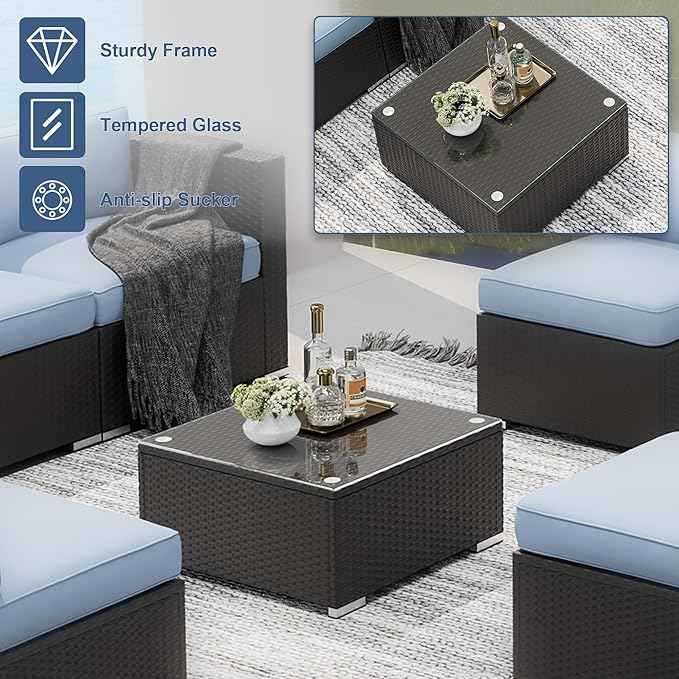 SUNCROWN 7-Piece Outdoor Patio Furniture Sofa Set All-Weather Wicker Sectional Conversation Set with Modern Glass Coffee Table, Cushions and Waterproof Cover,Light Blue
