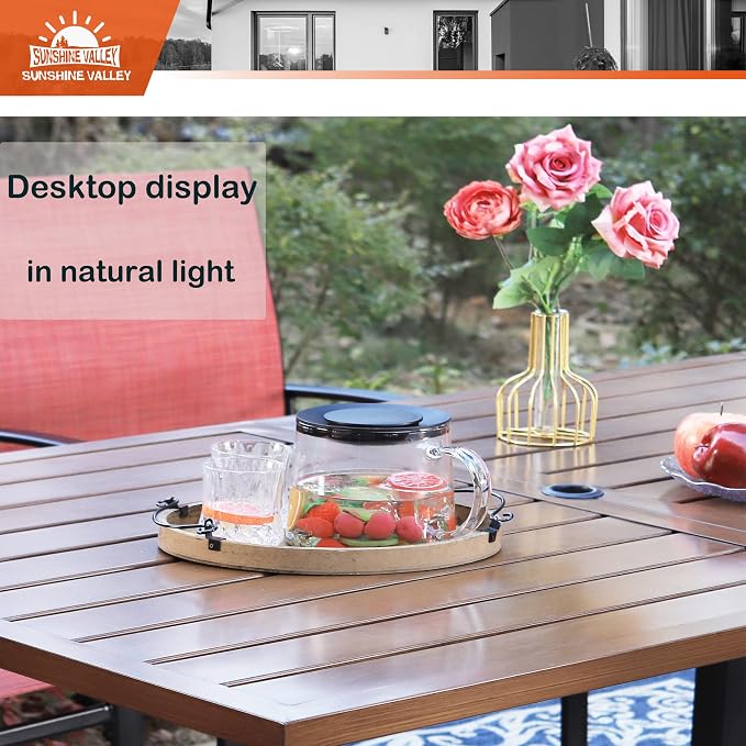 SUNSHINE VALLEY Patio Dining Set,60x36 Outdoor Table w/Umbrella Hole | Outdoor Table and Chairs Set w/ Umbrella Hole, 2 Leg Chairs, 2 Swivel Chairs, 1 Metal Table and 1 Cushioned Bench