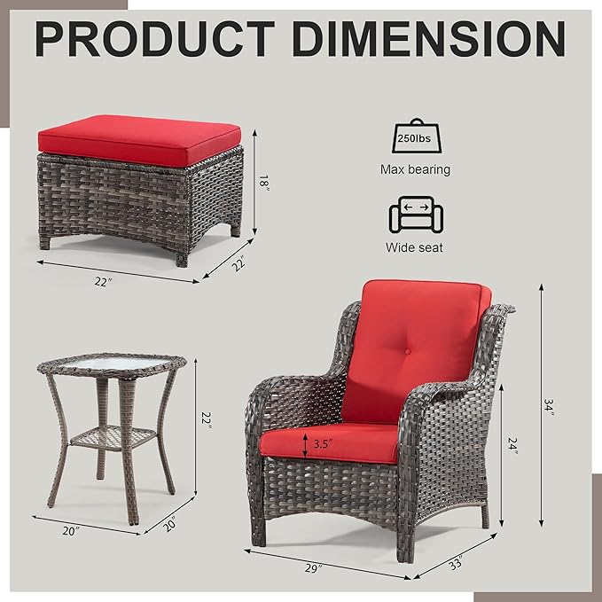 5 Pieces Outdoor Wicker Chair Set - Wicker Patio Furniture Set with 2 Chairs, 2 Ottomans and 1 Side Table for Backyard, Porch, Balcony(Mixed Grey/Red)