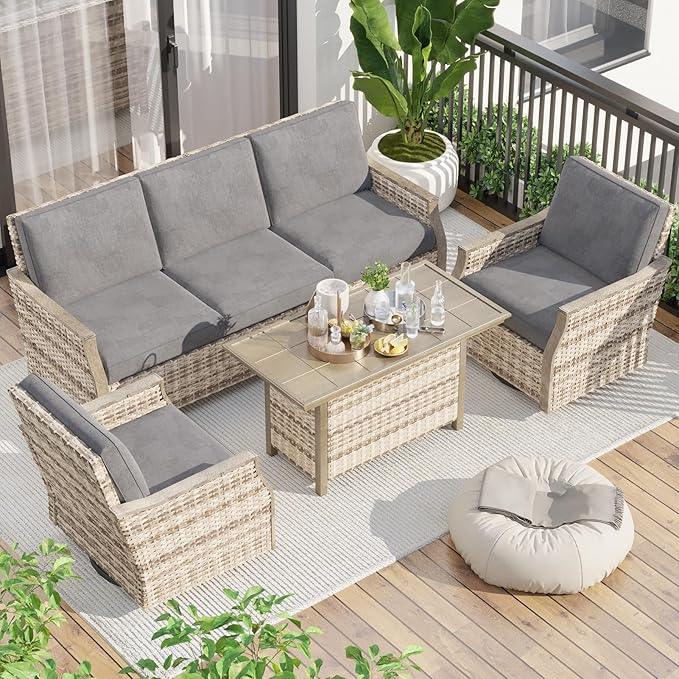MELLCOM 4 Pieces Outdoor Patio Furniture Set with Swivel Chairs, All Weather Rattan Wicker Patio Conversation Set with 3-Seater Sofa, Coffee Table for Patio, Balcony, Porch, Deck