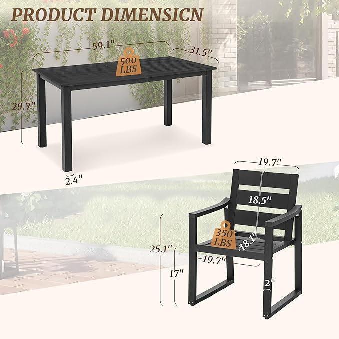 Cozyman Patio Table and Chairs Set, HDPS Outdoor Dining Set for 6, Patio Furniture for Deck, Poolside, and Backyard, Black