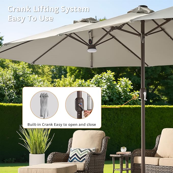 15ft Large Patio Umbrellas with Base & Solar Lights,Outdoor Rectangle Double-Sided Market Umbrella with Stand & 38 LED Lights,Outside Umbrellas for Poolside Deck Backyard (Light Grey)