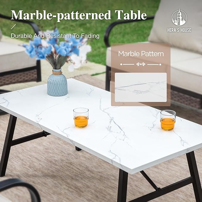 HERA'S HOUSE 5 Piece Metal Patio Furniture Set, 7 Seats All Weather Outdoor Conversation Set, 3 Seat Sofa with Loveseat, 2 Rocking Chairs, Coffee Table for Backyard, Garden, Deck, Beige