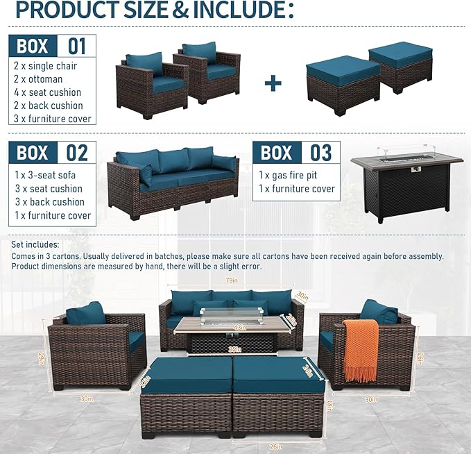 6 Pieces Outdoor Furniture 60000BTU Outdoor Propane Fire Pit Wicker Patio Furniture Set 45" Steel Fire Table Anti-Slip Cushions Waterproof Covers, Peacock Blue
