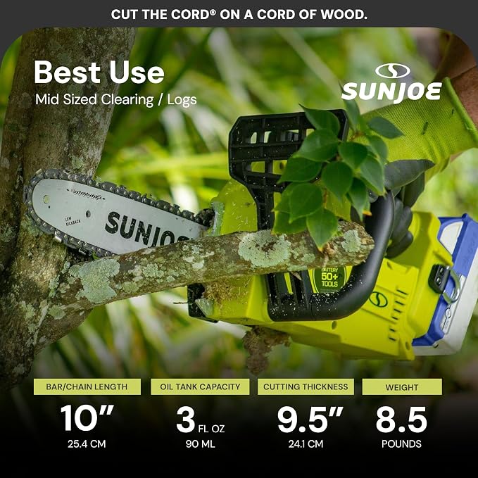 Sun Joe Cordless Chain Saw Machine, Battery and Charger, Wood Cutting Tool Kit, 10 Inch, 600W Motor - Heavy-Duty Trimming Equipment for Tree Trunks, Limbs, Logs, Brush, and Branches, 24V-10CS
