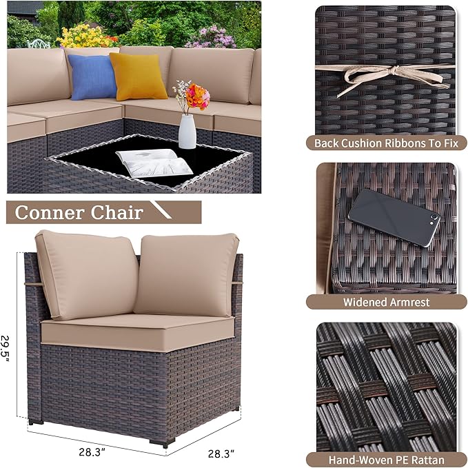 Kurapika 10 Pieces Patio Furniture Set, Rattan Wicker Outdoor Conversation Sets w/43in Propane Fire Pit Table, Swivel Rocking Chairs Patio Sectional Sofa w/4 Inch Cushion, Sand