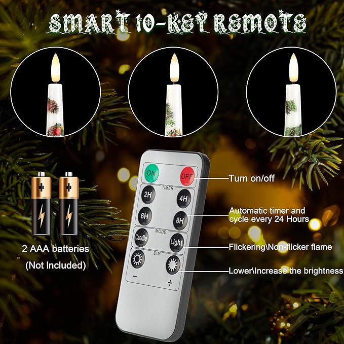 Christmas Flameless Taper Candles with Pine Leaves, Pine Cones, Bells, 9.6" Real Wax LED Candles with Remote, 3 Pcs Flickering Battery Operated Candlesticks, Xmas Candle for Home, Party Decor