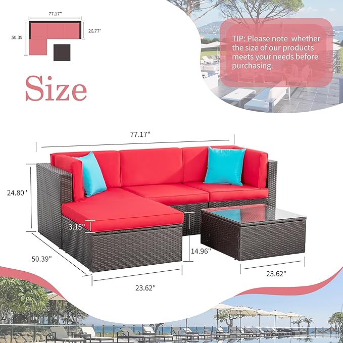 Shintenchi 5 Pieces Patio Furniture Sets Outdoor All-Weather Sectional Patio Sofa Set PE Rattan Manual Weaving Wicker Patio Conversation Set with Glass Table&Ottoman Cushion and Red Pillows, Red