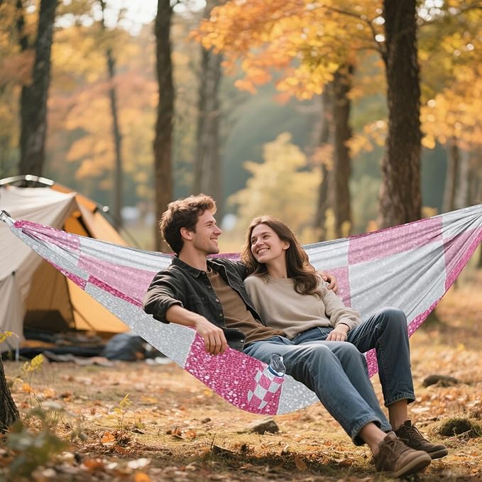 Fake Glitter Checkerboard Squares White Pink 330lb Capacity Outdoor Hammocks with Tree Straps Fabric Hammock for Camping Travel Accessories hamacas para adultos 2 Personas