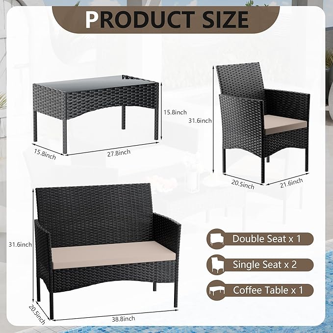 4 Pieces Patio Furniture Set Outdoor Conversation Set Rattan Furniture Set Wicker Chairs and Sofa with Glass Table for Porch Pool Backyard Garden Sand