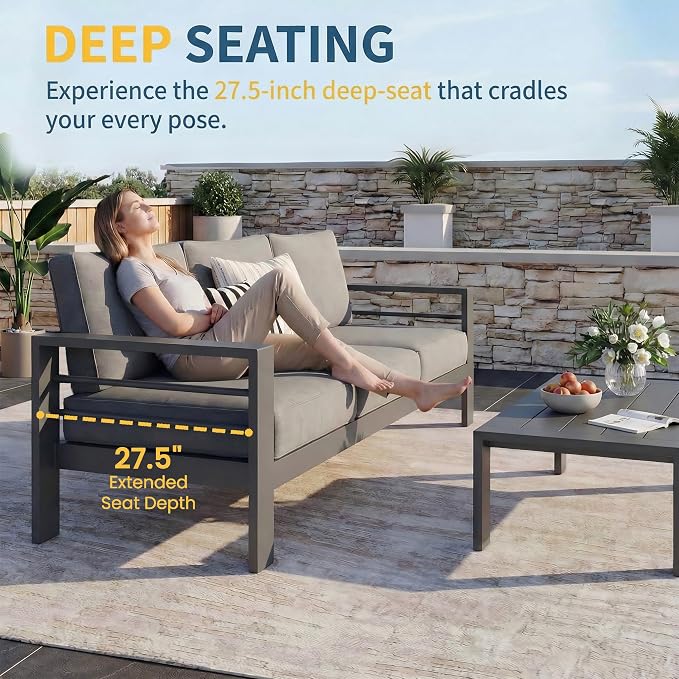 Solaste Aluminum Patio Furniture Set for All Weather, Oversized Metal Outdoor Furniture Set with 27.5" Deep Seating and 3.2" Wide Armrest, Patio Conversation Set with 5" Cushion, Black and Grey