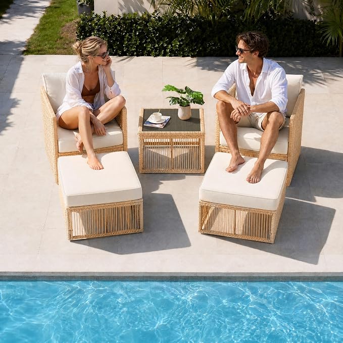 5 Piece Patio Furniture Set, Outdoor Sectional Sofa Set with 2 Ottomans, Coffee Table, Washable Cushions, All Weather Patio Wicker Conversation Set with Arm Chairs for Backyard, Porch, Balcony, Deck