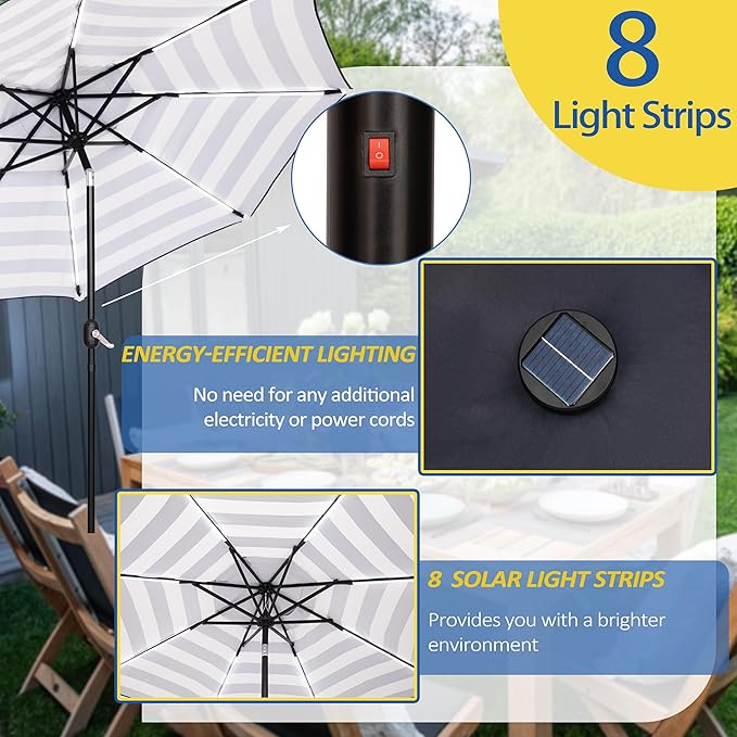 Sunnyglade 9FT Outdoor Solar LED Lighted Patio Umbrella with 8 LED Strip Lights & 8 Ribs, Convenient Crank Lift System